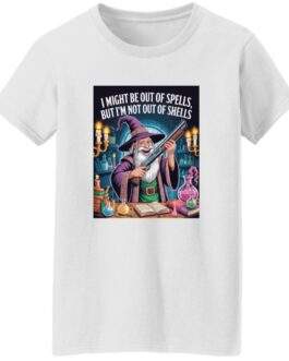 Out of Spells Not Out of Shells women's wizard shirt in black, a funny D&D graphic tee showing a shotgun-wielding spellcaster.