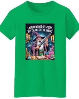 Women's wizard graphic tee, Out of Spells Not Out of Shells funny tabletop RPG shirt with shotgun-mage artwork.