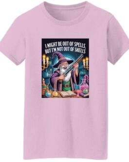 Funny women's D&D wizard t-shirt, Out of Spells Not Out of Shells shotgun-wizard design on soft cotton.