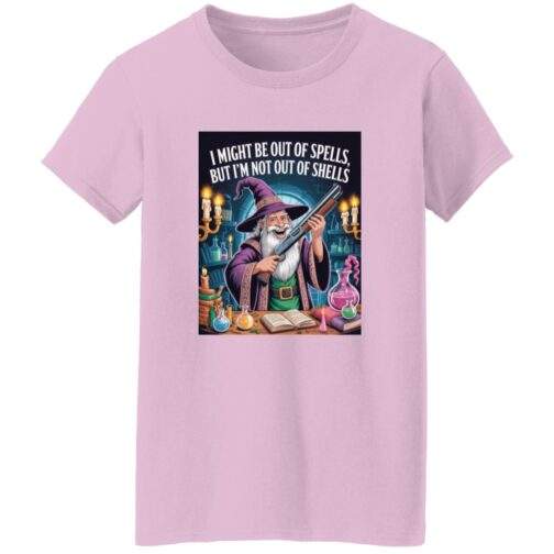Funny women's D&D wizard t-shirt, Out of Spells Not Out of Shells shotgun-wizard design on soft cotton.