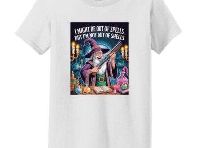 Out of Spells Not Out of Shells women's wizard shirt in black, a funny D&D graphic tee showing a shotgun-wielding spellcaster.
