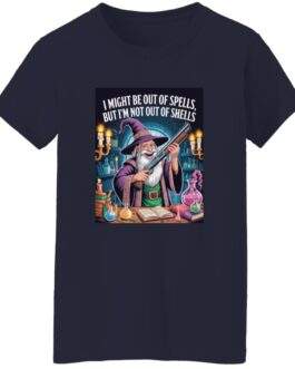 Out of Spells Not Out of Shells women's graphic tee, missy-fit wizard shirt for tabletop gamers.