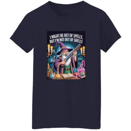 Out of Spells Not Out of Shells women's graphic tee, missy-fit wizard shirt for tabletop gamers.