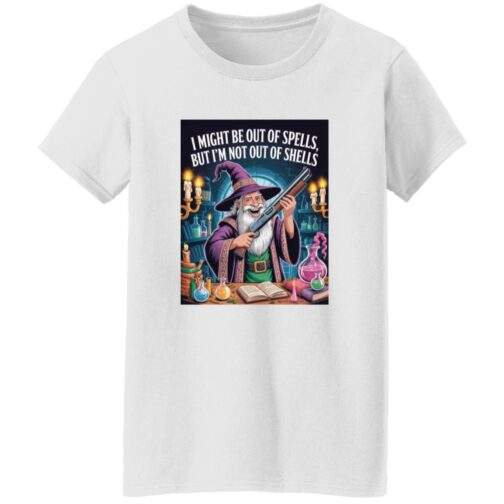 Out of Spells Not Out of Shells women's wizard shirt in black, a funny D&D graphic tee showing a shotgun-wielding spellcaster.