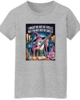 Out of Spells Not Out of Shells women's wizard tee shown in an additional color option for D&D fans.