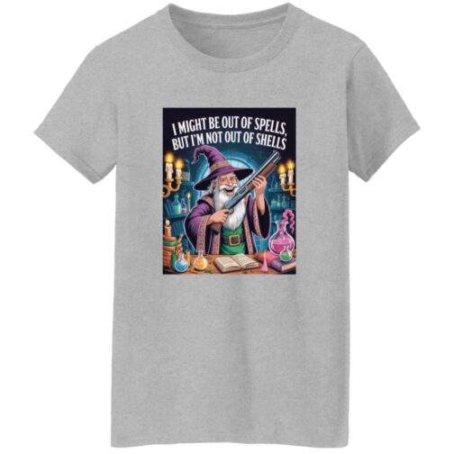 Out of Spells Not Out of Shells women's wizard tee shown in an additional color option for D&D fans.