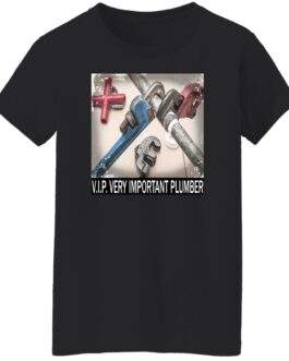 Black women's V.I.P. Very Important Plumber t-shirt featuring a high-definition DIGISOFT print of various pipe wrenches and plumbing fittings, with the text "V.I.P. VERY IMPORTANT PLUMBER" below.