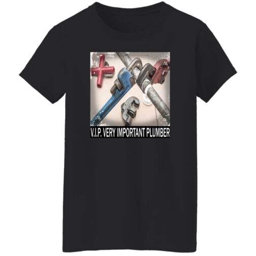 Black women's V.I.P. Very Important Plumber t-shirt featuring a high-definition DIGISOFT print of various pipe wrenches and plumbing fittings, with the text "V.I.P. VERY IMPORTANT PLUMBER" below.