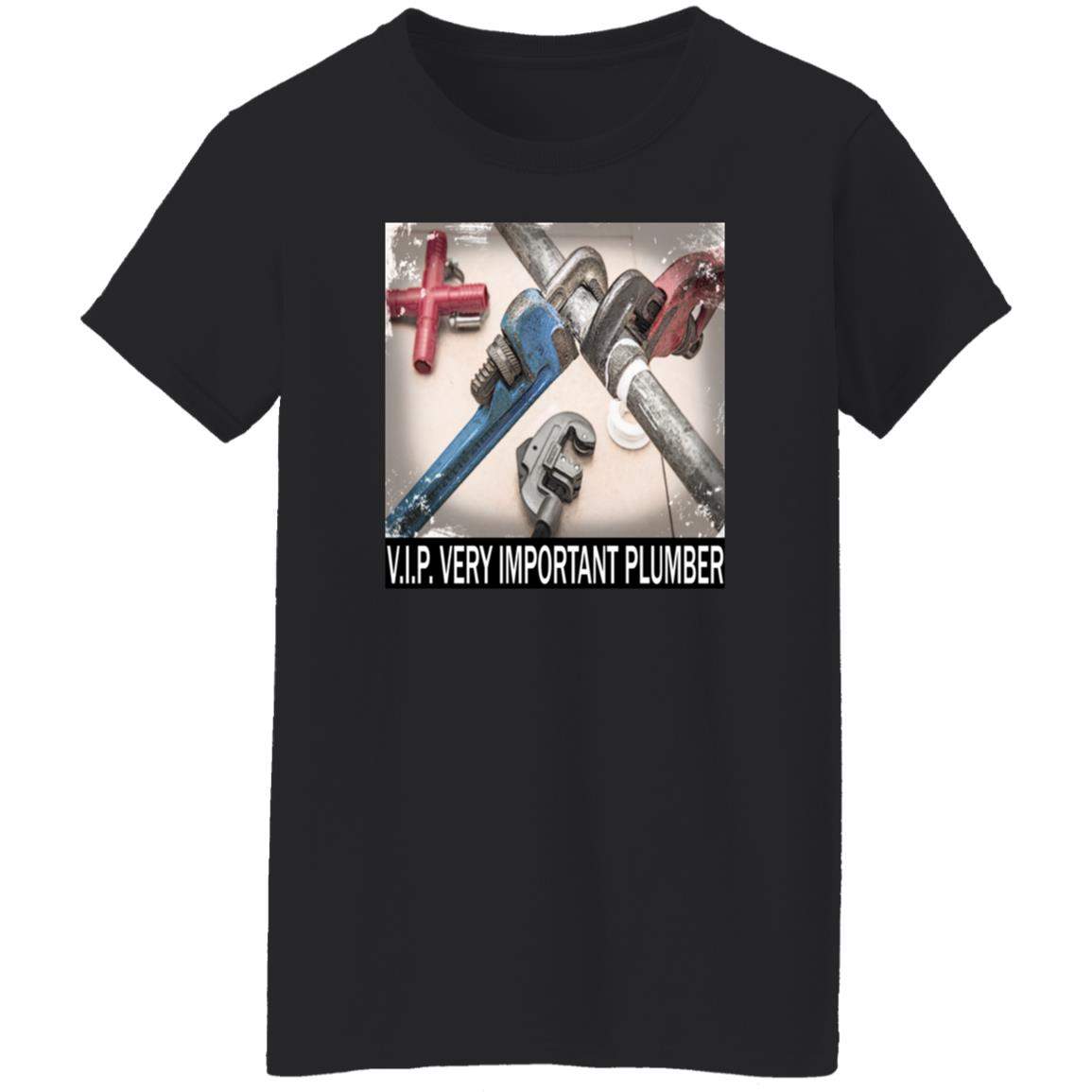 Black women's V.I.P. Very Important Plumber t-shirt featuring a high-definition DIGISOFT print of various pipe wrenches and plumbing fittings, with the text "V.I.P. VERY IMPORTANT PLUMBER" below.
