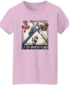 Pink Gildan women's heavy cotton tee featuring a high-definition DIGISOFT print of plumbing tools and the text "V.I.P. VERY IMPORTANT PLUMBER" in a bold black and white rectangle.