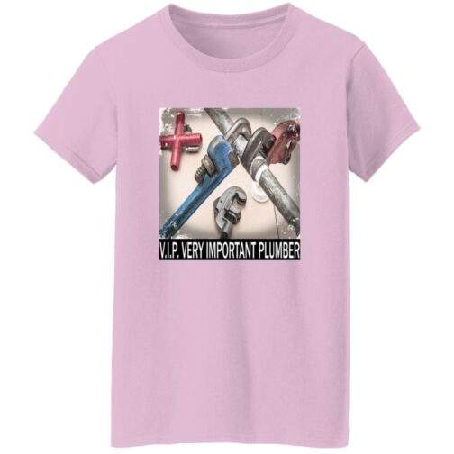 Pink Gildan women's heavy cotton tee featuring a high-definition DIGISOFT print of plumbing tools and the text "V.I.P. VERY IMPORTANT PLUMBER" in a bold black and white rectangle.