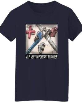 Navy blue women's V.I.P. Very Important Plumber t-shirt featuring a close-up graphic of various pipe wrenches and plumbing fittings with the text "V.I.P. VERY IMPORTANT PLUMBER" below.