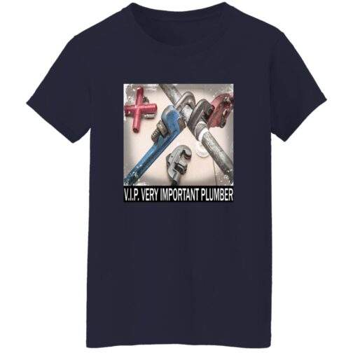 Navy blue women's V.I.P. Very Important Plumber t-shirt featuring a close-up graphic of various pipe wrenches and plumbing fittings with the text "V.I.P. VERY IMPORTANT PLUMBER" below.