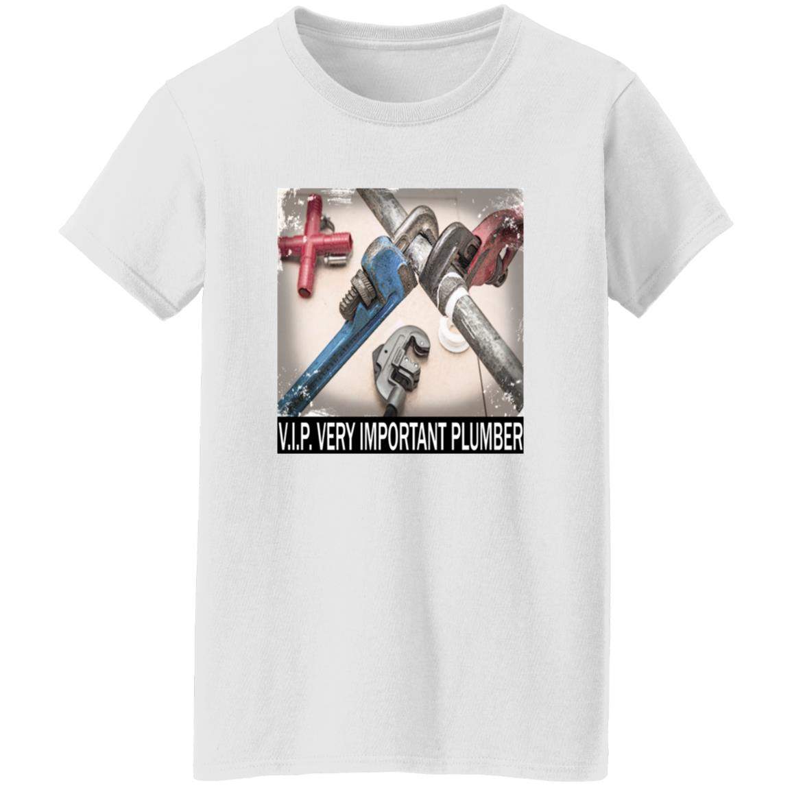 White Gildan women's heavy cotton tee featuring a V.I.P. Very Important Plumber graphic with pipe wrenches and fittings.