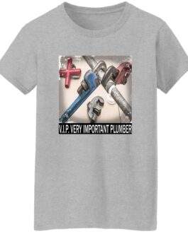 Grey women's heavyweight cotton t-shirt with a high-definition DIGISOFT print of various pipe wrenches and plumbing fittings, featuring the text "V.I.P. VERY IMPORTANT PLUMBER.