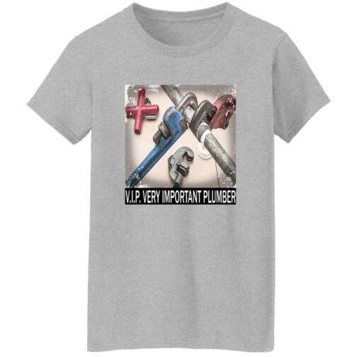 Grey women's heavyweight cotton t-shirt with a high-definition DIGISOFT print of various pipe wrenches and plumbing fittings, featuring the text "V.I.P. VERY IMPORTANT PLUMBER.