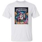 Out of Spells Not Out of Shells D&D wizard shirt in black, a funny graphic tee showing a shotgun-wielding spellcaster for tabletop gamers.