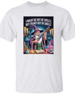 Out of Spells Not Out of Shells D&D wizard shirt in black, a funny graphic tee showing a shotgun-wielding spellcaster for tabletop gamers.