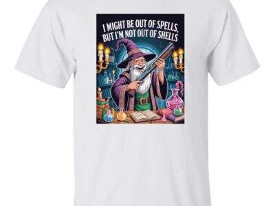 Out of Spells Not Out of Shells D&D wizard shirt in black, a funny graphic tee showing a shotgun-wielding spellcaster for tabletop gamers.