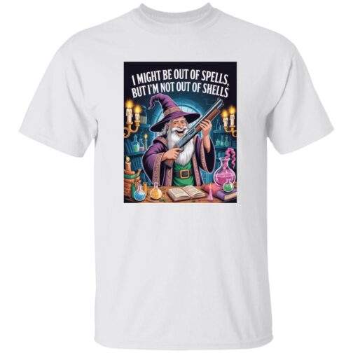 Out of Spells Not Out of Shells D&D wizard shirt in black, a funny graphic tee showing a shotgun-wielding spellcaster for tabletop gamers.
