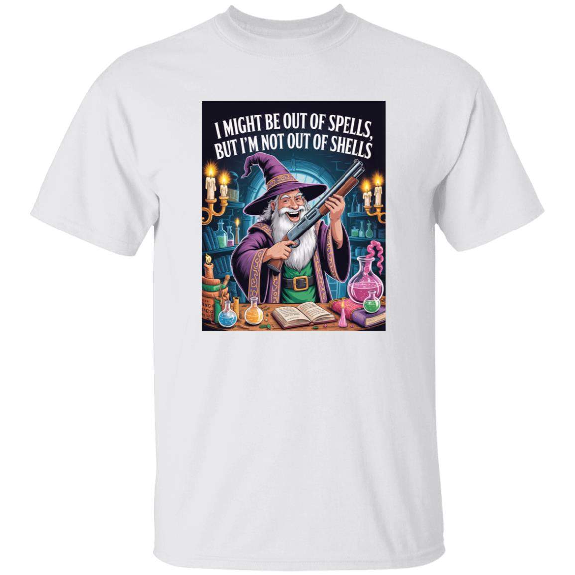 Out of Spells Not Out of Shells D&D wizard shirt in black, a funny graphic tee showing a shotgun-wielding spellcaster for tabletop gamers.