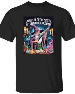 Out of Spells Not Out of Shells funny wizard graphic tee, front view of the D&D shotgun-wizard design on a cotton t-shirt.