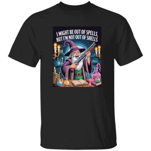 Out of Spells Not Out of Shells funny wizard graphic tee, front view of the D&D shotgun-wizard design on a cotton t-shirt.