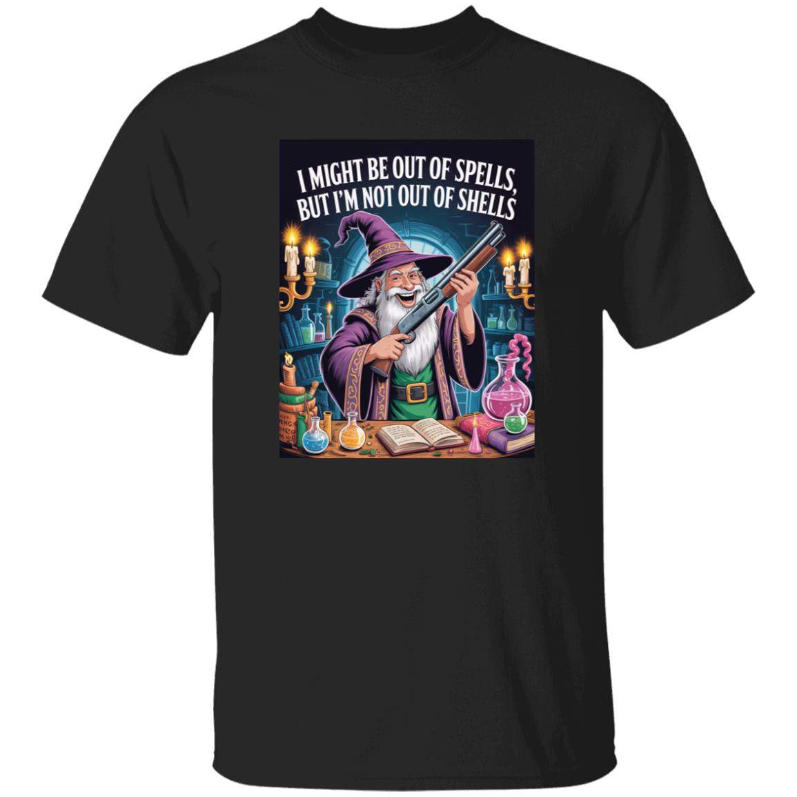 Out of Spells Not Out of Shells funny wizard graphic tee, front view of the D&D shotgun-wizard design on a cotton t-shirt.