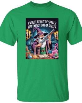 Out of Spells Not Out of Shells wizard shirt, funny tabletop RPG graphic tee with shotgun-wielding mage artwork.