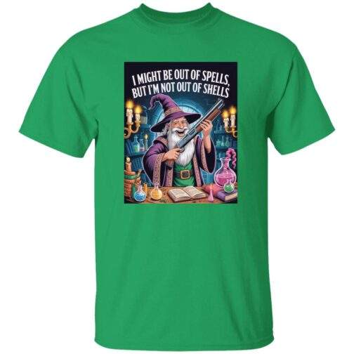 Out of Spells Not Out of Shells wizard shirt, funny tabletop RPG graphic tee with shotgun-wielding mage artwork.