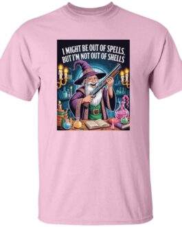 Funny D&D wizard t-shirt, Out of Spells Not Out of Shells shotgun-wizard design on a soft cotton tee.