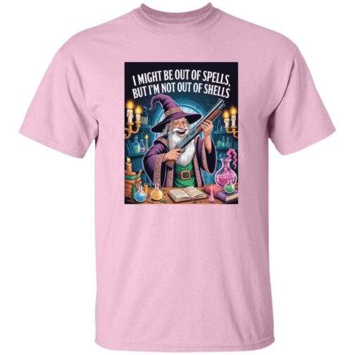 Funny D&D wizard t-shirt, Out of Spells Not Out of Shells shotgun-wizard design on a soft cotton tee.