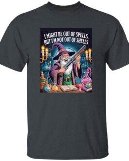 D&D wizard with shotgun graphic tee, Out of Spells Not Out of Shells tactical gamer shirt shown in a light color.