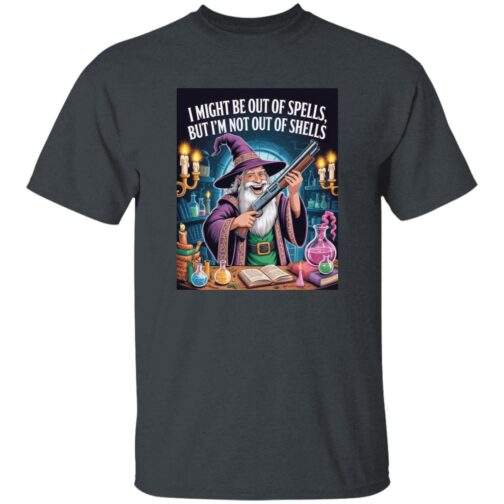D&D wizard with shotgun graphic tee, Out of Spells Not Out of Shells tactical gamer shirt shown in a light color.