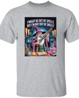 Out of Spells Not Out of Shells wizard graphic tee, funny shotgun-wizard shirt shown in an additional color option.