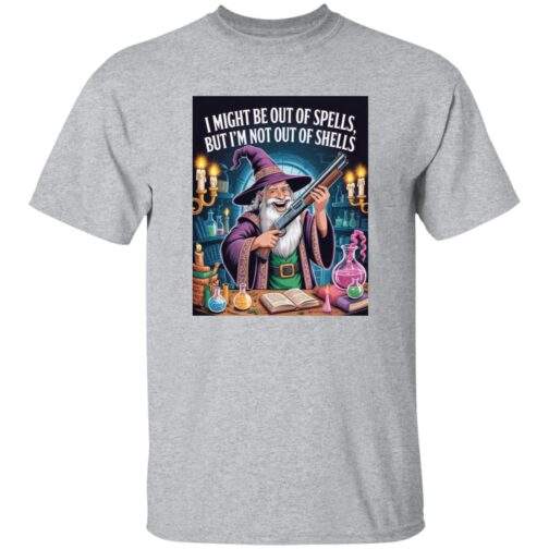 Out of Spells Not Out of Shells wizard graphic tee, funny shotgun-wizard shirt shown in an additional color option.