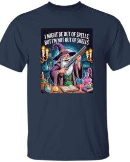 Out of Spells Not Out of Shells D&D graphic tee, tactical wizard shirt for dungeon masters and TTRPG players.
