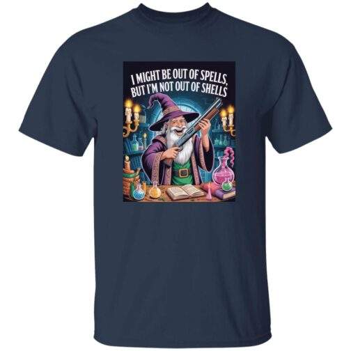 Out of Spells Not Out of Shells D&D graphic tee, tactical wizard shirt for dungeon masters and TTRPG players.