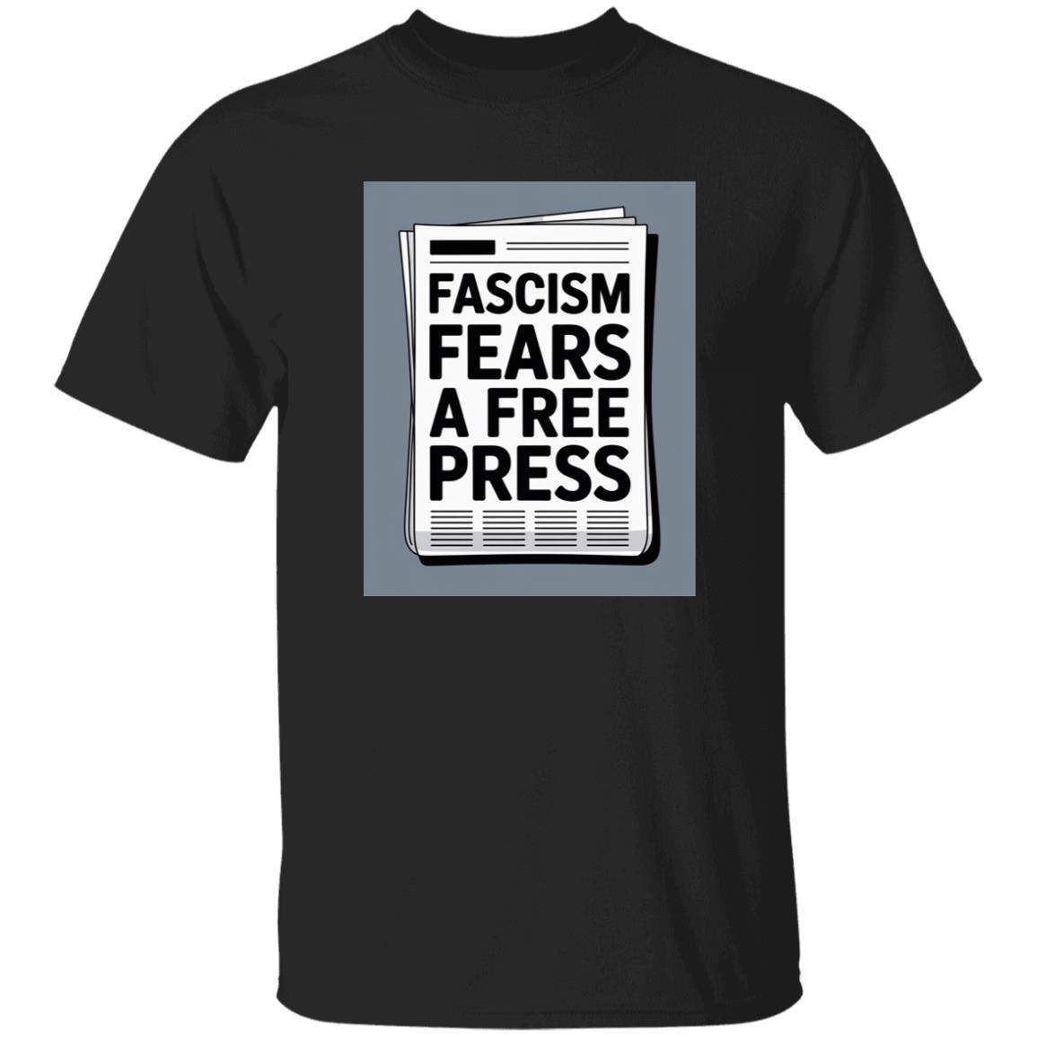 Black heavy cotton graphic tee featuring a newspaper design that reads "Fascism Fears A Free Press." A bold anti-fascist men's First Amendment shirt.
