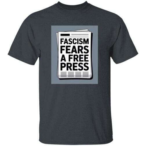 Navy heavy cotton graphic tee with a newspaper design reading "Fascism Fears A Free Press." An anti-fascist men's First Amendment shirt.
