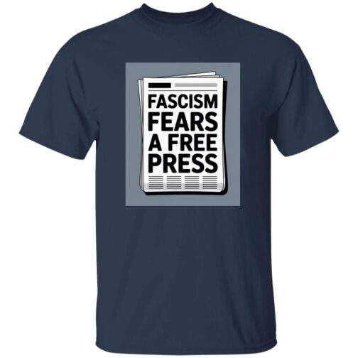 Dark heather heavy cotton graphic tee featuring a newspaper design that reads "Fascism Fears A Free Press." An anti-fascist men's First Amendment shirt.