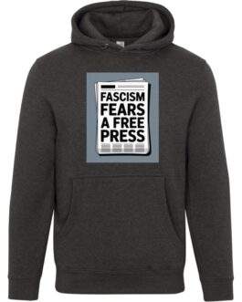 Charcoal heather unisex premium hoodie featuring a graphic that reads "Fascism Fears A Free Press" printed on a newspaper.