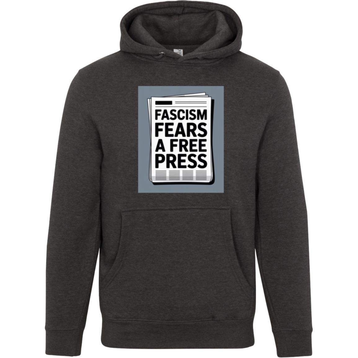 Charcoal heather unisex premium hoodie featuring a graphic that reads "Fascism Fears A Free Press" printed on a newspaper.