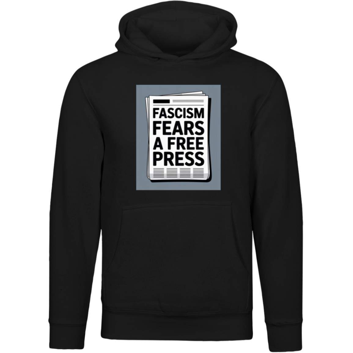 Black unisex premium hoodie featuring a graphic print of a newspaper with the bold text "FASCISM FEARS A FREE PRESS" in white.