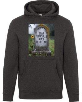 Unisex premium charcoal heather hoodie displaying a tombstone with "Dead Pedophiles Don't Re-Offend" text in a cemetery.
