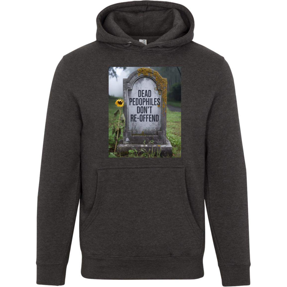 Unisex premium charcoal heather hoodie displaying a tombstone with "Dead Pedophiles Don't Re-Offend" text in a cemetery.
