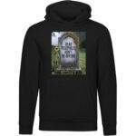 Black unisex premium hoodie featuring a graphic print of a tombstone with the text "DEAD PEDOPHILES DON'T RE-OFFEND" and a sunflower.