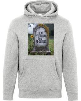 Heather grey unisex premium hoodie featuring a tombstone graphic with the text "DEAD PEDOPHILES DON'T RE-OFFEND" and a sunflower.