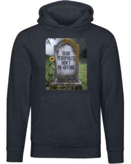 Navy unisex premium hoodie with a graveyard tombstone graphic that reads "Dead Pedophiles Don't Re-Offend" with a sunflower in the foreground.