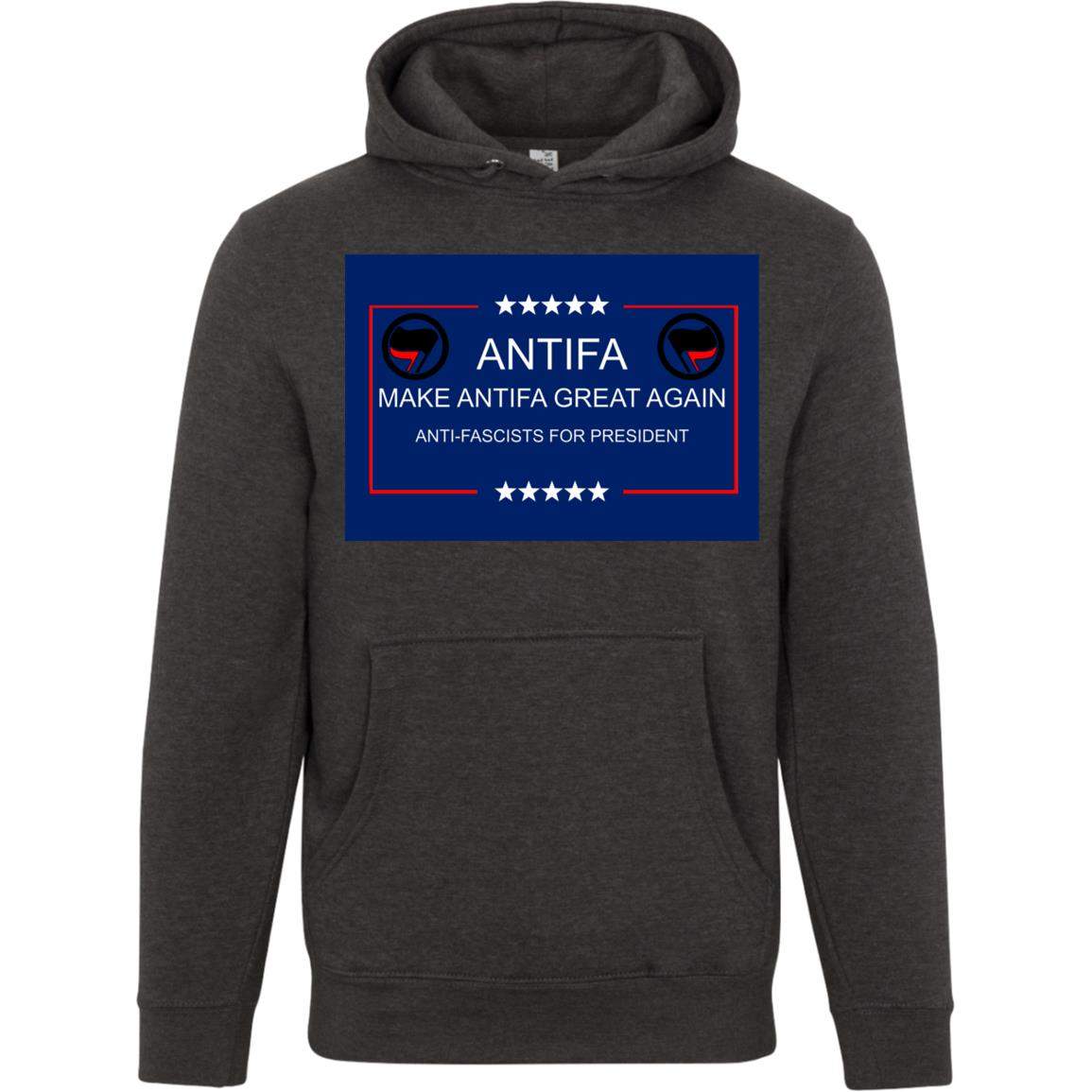 Make Antifa Great Again anti-fascist unisex premium hoodie in Charcoal Heather with campaign-style ANTIFA Anti-Fascists For President parody design